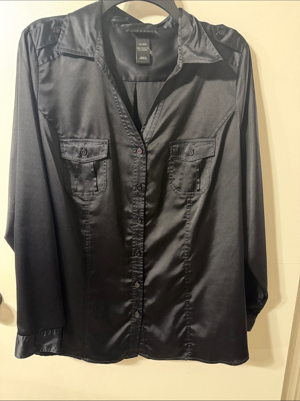 Lane Bryant Black Satin Button-Down Blouse, 14/16W